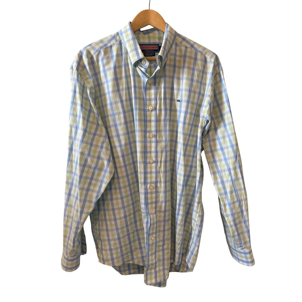Vineyard Vines Whale Button Down Shirt Pastel Green Blue Check L